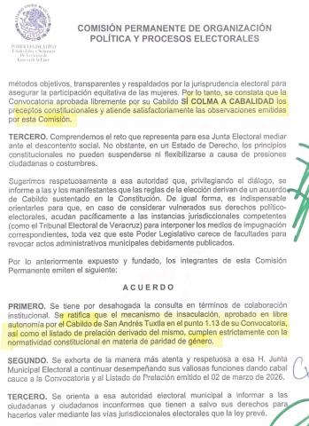 Responde Congreso local sobre convocatoria para elecciones municipales en San Andrés Tuxtla