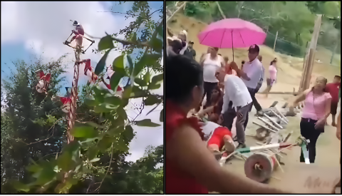 Caen 5 voladores de Papantla tras colapsar poste, en Tihuatlán